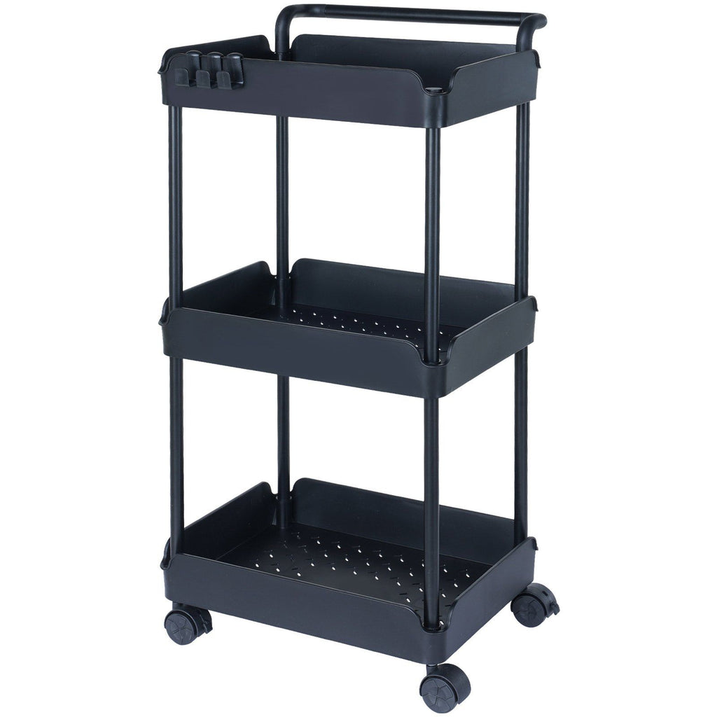 3-Tier Rolling Utility Cart, Kitchen Cart with Lockable Wheels, Multi-Functional Storage Trolley with Handle for Office, Living Room, Kitchen, Movable Storage Basket Organizer Shelves, Black