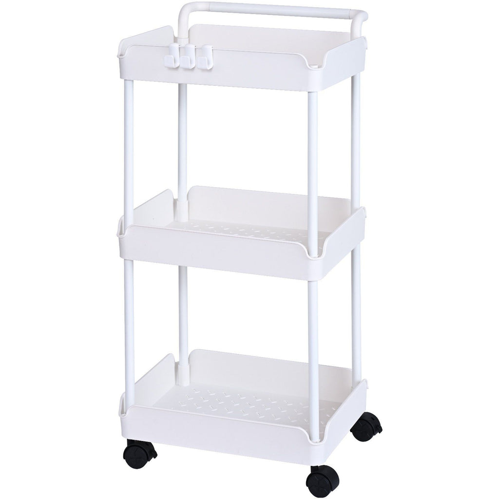 3-Tier Rolling Utility Cart, Kitchen Cart with Lockable Wheels, Multi-Functional Storage Trolley with Handle for Office, Living Room, Kitchen, Movable Storage Basket Organizer Shelves, White