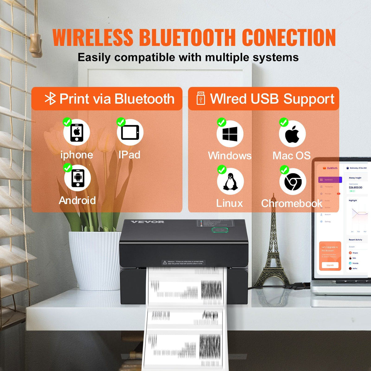 VEVOR 300DPI Bluetooth Thermal Label Printer w/Auto Recognition & Rohm ...