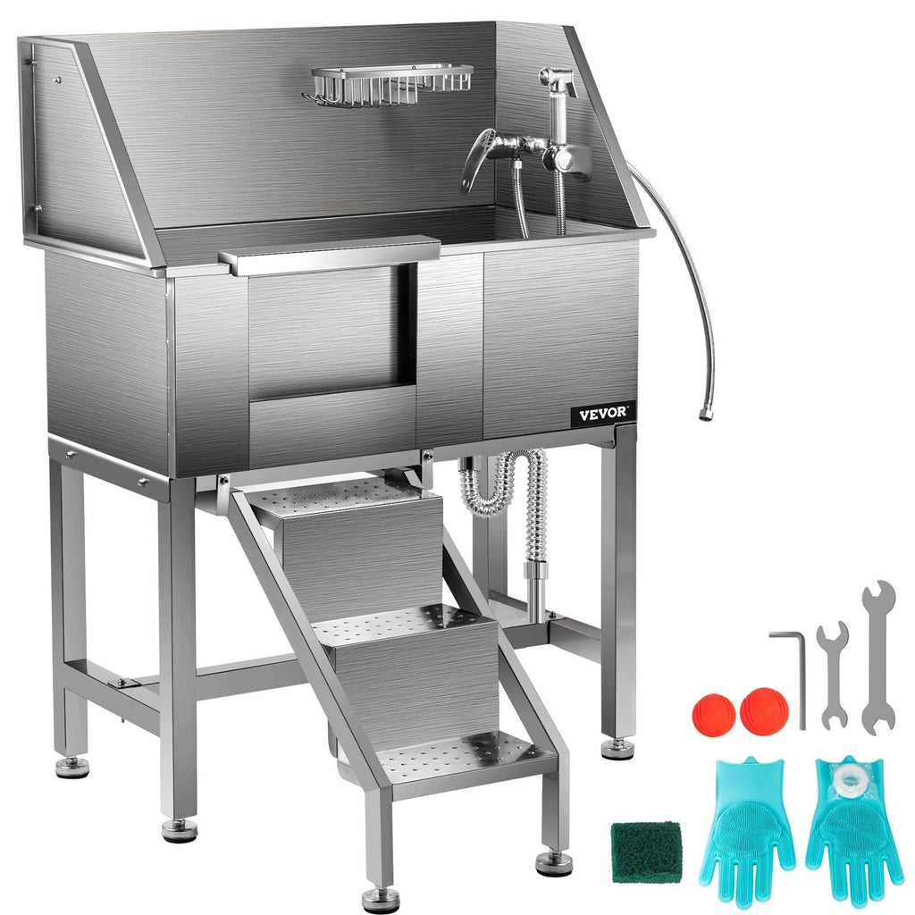 34" Pet Grooming Tub Stainless Steel Dog Wash Station Pet Washing Station and Dog Bath Tub Water-Resistant Grooming Tub for Dogs with Removable Door & Ladder on The Left