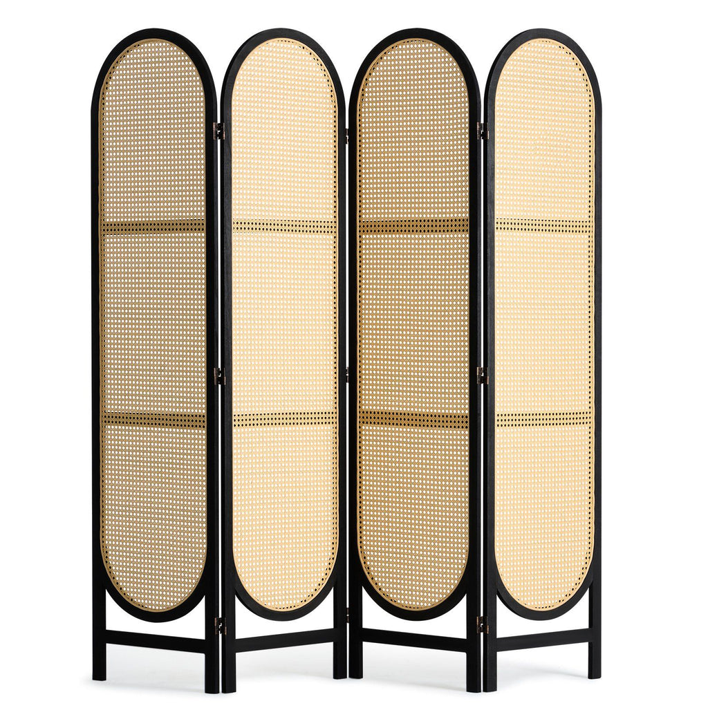 4 Panel Room Divider, Hand-Woven Rattan Folding Privacy Screens with Hinges, Portable Partition Room Dividers, Wooden Freestanding Wall Divider for Room Separation, Living Room, Bedroom, Brown