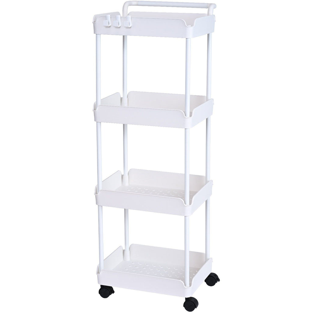 4-Tier Rolling Utility Cart, Kitchen Cart with Lockable Wheels, Multi-Functional Storage Trolley with Handle for Office, Living Room, Kitchen, Movable Storage Basket Organizer Shelves, White