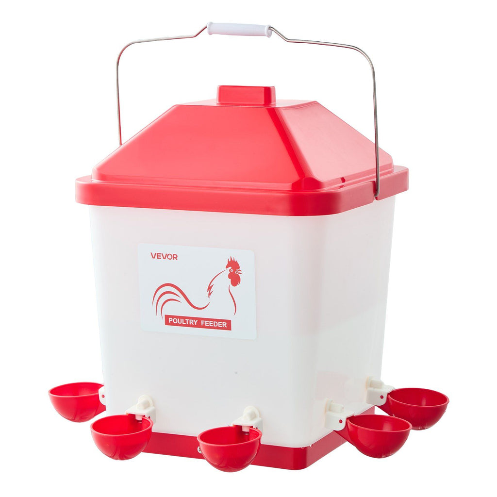 5 Gallon Automatic Chicken Waterer, 6 Water Ports, Automatic-Fill Water Cup, Automatic Gravity Waterer with Handle & Sealed Rubber Ring, Waterproof PP Material, No Waste Design, for Chicken