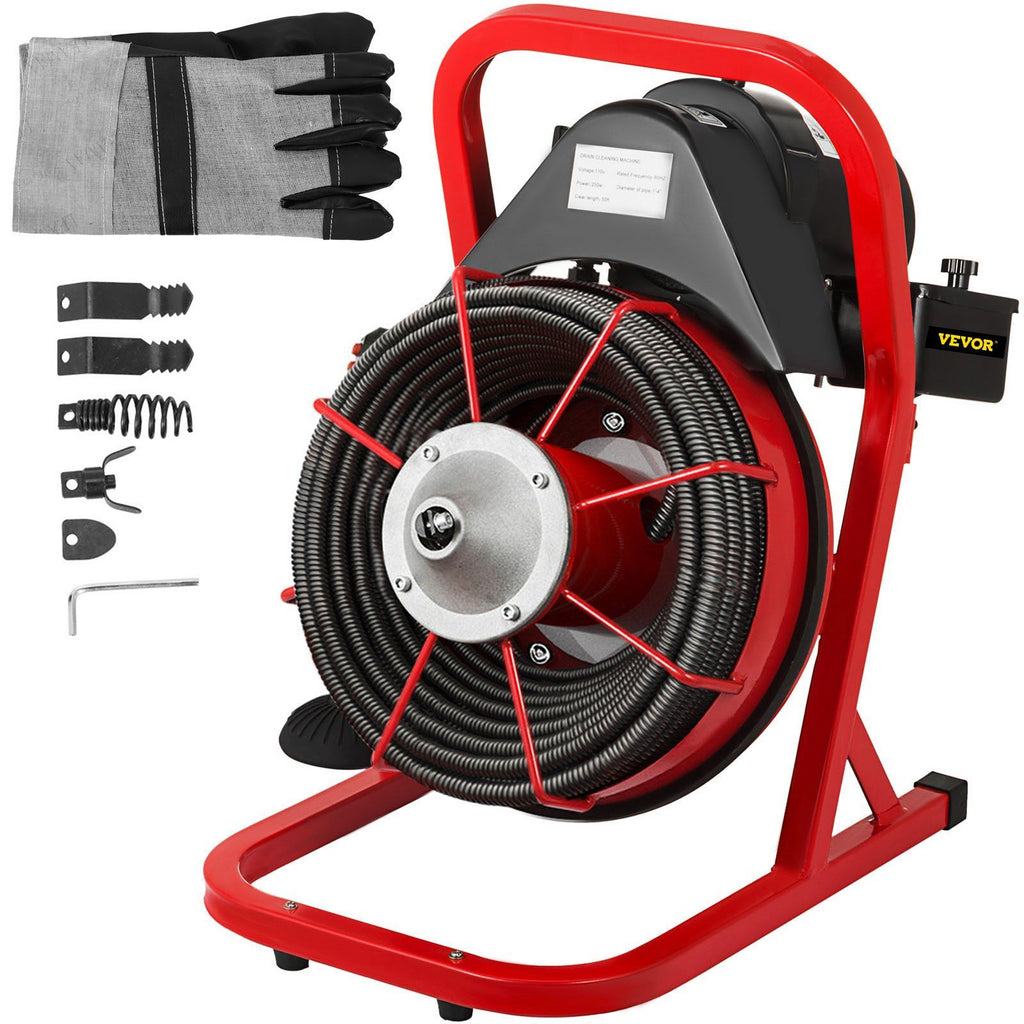50FT x 1/2 Inch Drain Cleaning Machine, 250W Electric Drain Auger, Portable Sewer Snake Auger Cleaner with Cutters & Air-Activated Foot Switch for 1" to 4" Pipes, Black, Red