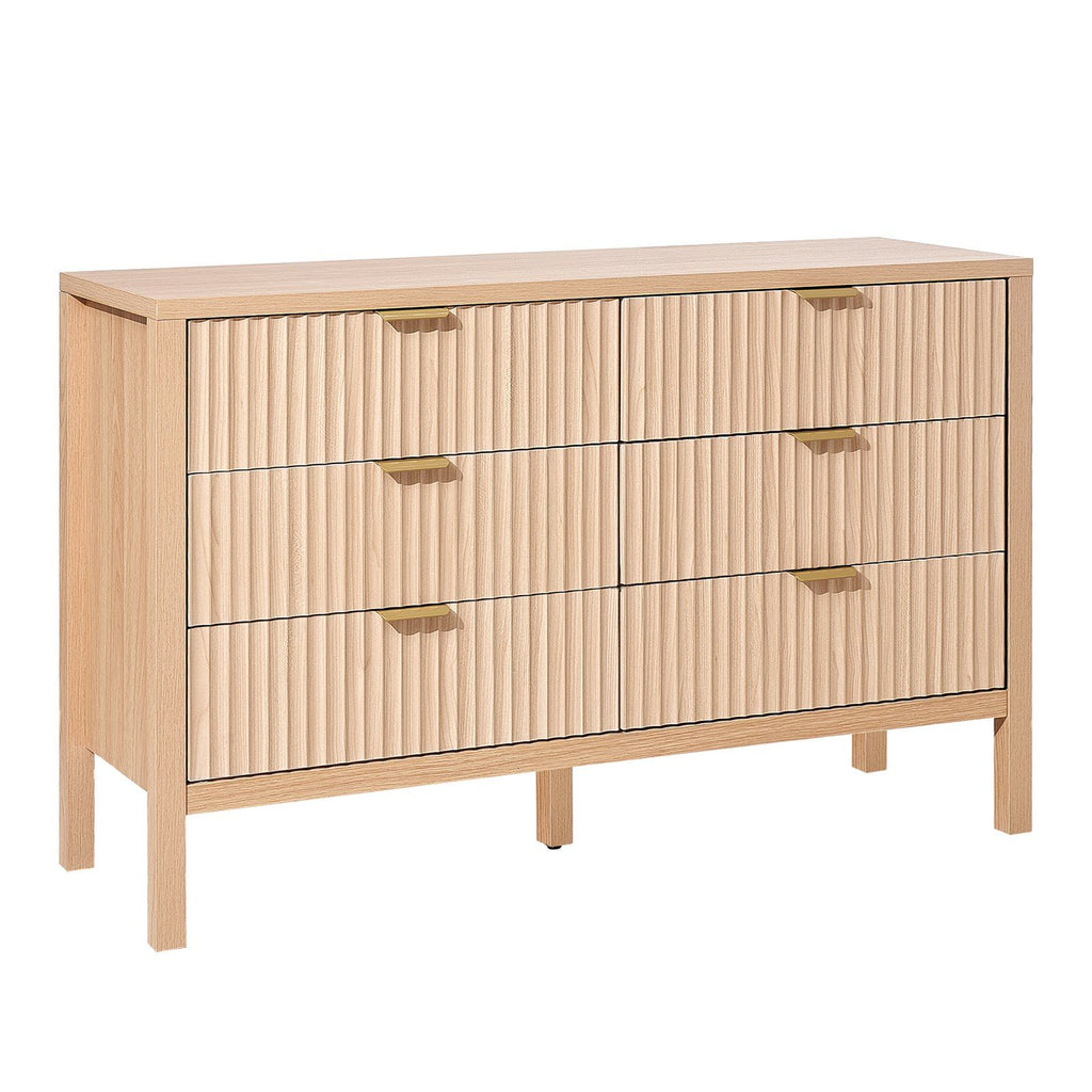 6 Fluted Drawer Dresser, Wooden Chest of Drawers with Sliding & Anti-tip Device, Modern Minimalist Dresser Chest, Closet Storage Organizer for Living Room, Hallway, Bedroom, Entryway, Light Wood
