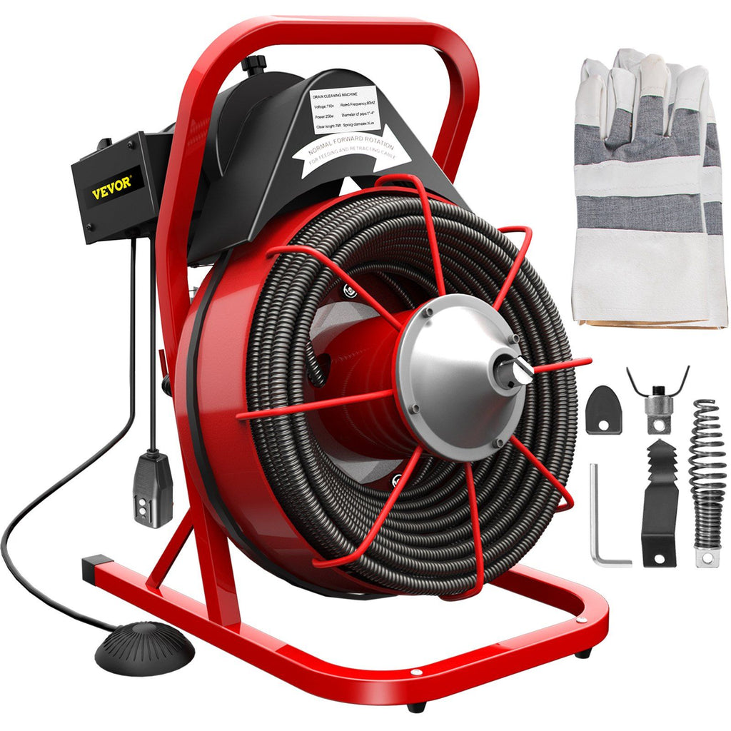 75FT x 3/8 Inch Drain Cleaning Machine, 250W Electric Drain Auger, Portable Sewer Snake Auger Cleaner with Cutters & Air-Activated Foot Switch for 1" to 4" Pipes, Black, Red