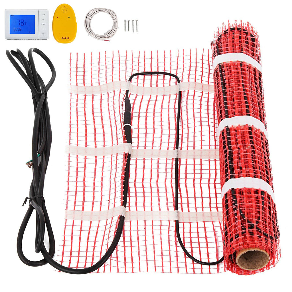 90 Sqft 120V Electric Radiant Floor Heating Mat with Alarmer and Programmable Floor Sensing Thermostat Self-Adhesive Mesh Underfloor Heat Warming Systems Mats Kit