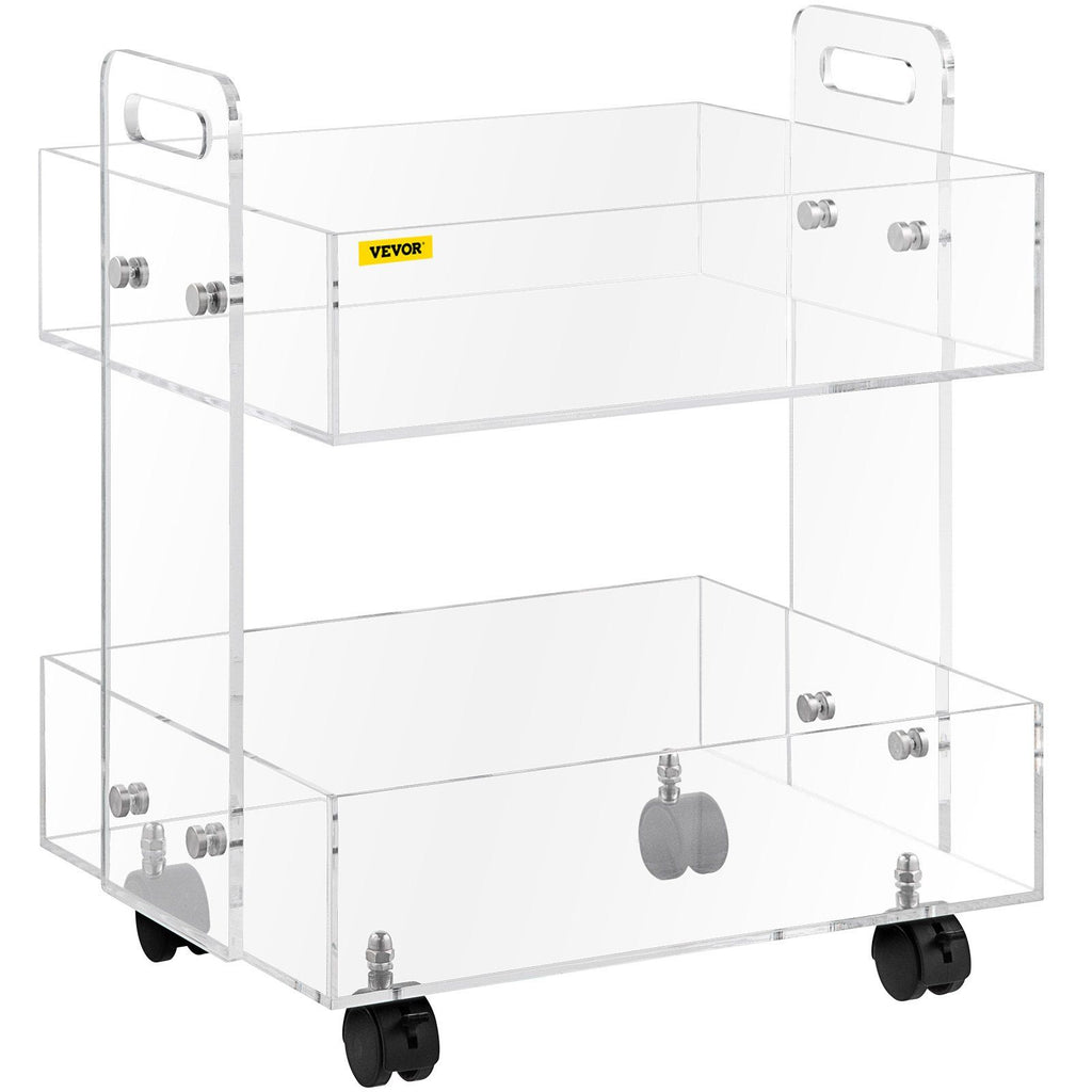 Acrylic Cart, 2 Tier, 0.3 in Thickened Board, Holds Up to 66 lbs, Acrylic Side Table with Lockable Swivel Wheels, for Office School Home, 13.4" x 15.7" x 19"
