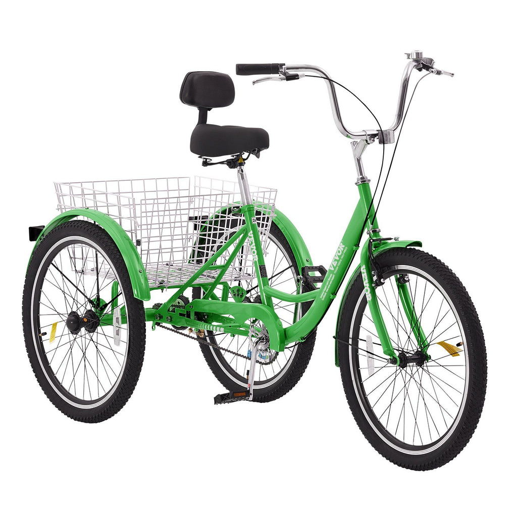 Adult Tricycles Bike, 24 Inch Three-Wheeled Bicycles, 3 Wheel Bikes Trikes, Carbon Steel Cruiser Bike with Basket & Adjustable Seat, Picnic Shopping Tricycles for Seniors, Women, Men (Green)