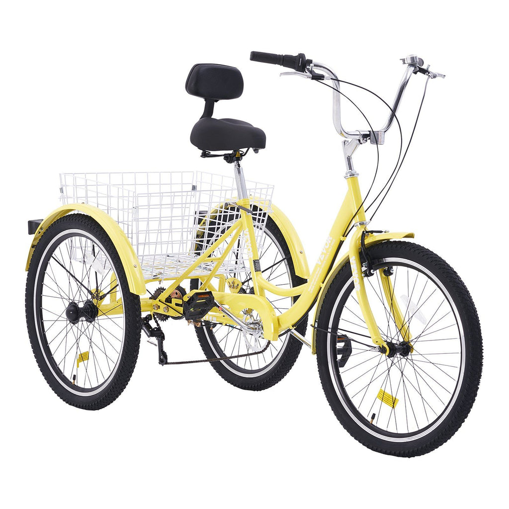 Adult Tricycles Bike, 7 Speed Adult Trikes, 26 Inch Three-Wheeled Bicycles, Carbon Steel Cruiser Bike with Basket and Adjustable Seat, Picnic Shopping Tricycles for Seniors, Women, Men (Yellow)