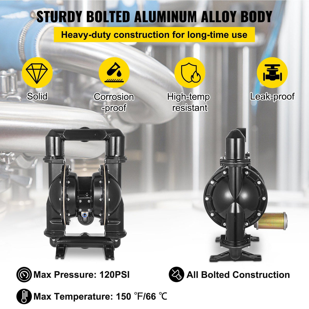 2in Inlet VEVOR Air-Operated Double Diaphragm Pump, 2 inch Inlet & Outlet, Alum ...