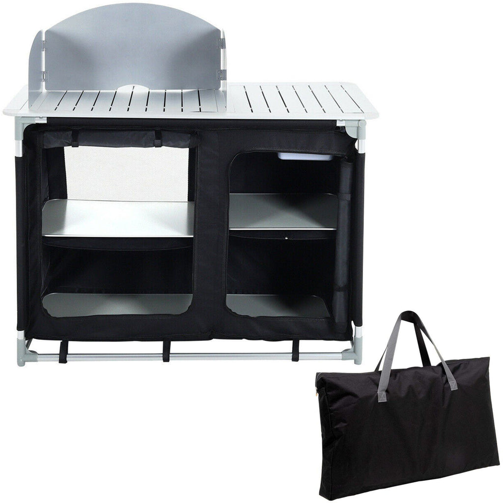 Aluminum Portable Camping Kitchen Detachable Windscreen Storage Organizer & Carrying Bag, Outdoor Grill Station for Picnic BBQ & Backyards, Black