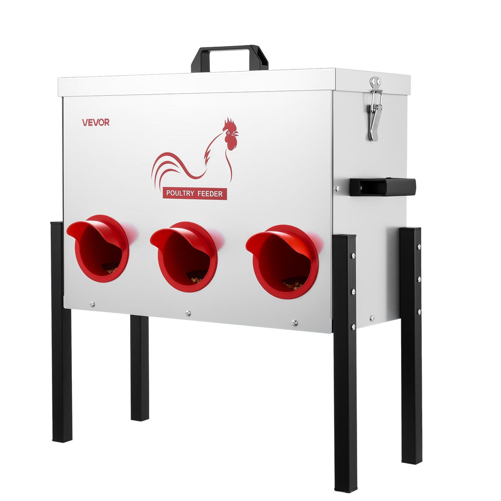 Automatic Chicken Feeder, 30 lbs Capacity, 6 Feeding Ports No-Waste Poultry Feeder, Automatic Gravity, with Adjustable Height & Locking Lid, Metal Construction, for Chickens Bantams Pheasants