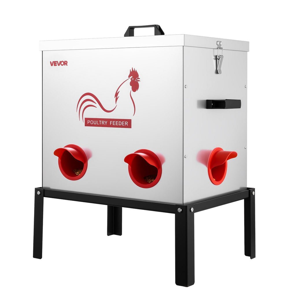 Automatic Chicken Feeder, 50 lbs Capacity, 6 Feeding Ports No-Waste Poultry Feeder with Built-In Divider, with Latch & Handle, Metal Construction, for Chickens Bantams Pheasants Poultry Coop