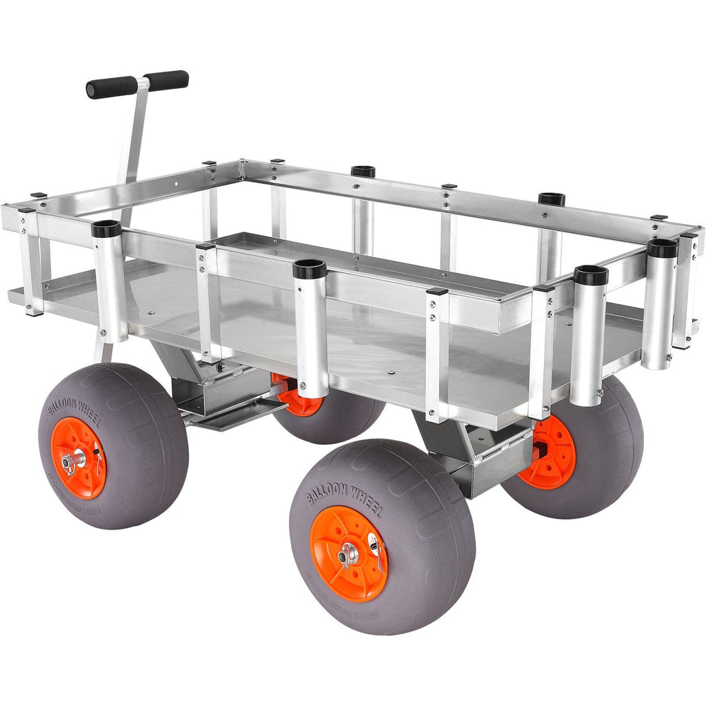 Beach Fishing Cart, 500 lbs Load Capacity, Fish and Marine Cart with Four 13" Big Wheels PU Balloon Tires for Sand, Heavy-Duty Aluminum Pier Wagon Trolley with 6 Rod Holders for Fishing, Picnic