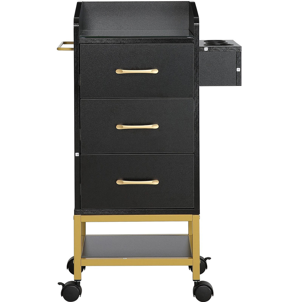 Beauty Salon Storage Trolley Cart, Glass Top Hair Salon Station Cabinet for Stylist with Drawer & Dryer Holder, MDF Rolling Hairdressing Salon Cart on 4 Wheels (2 Lockable) for Barber Beauty SPA