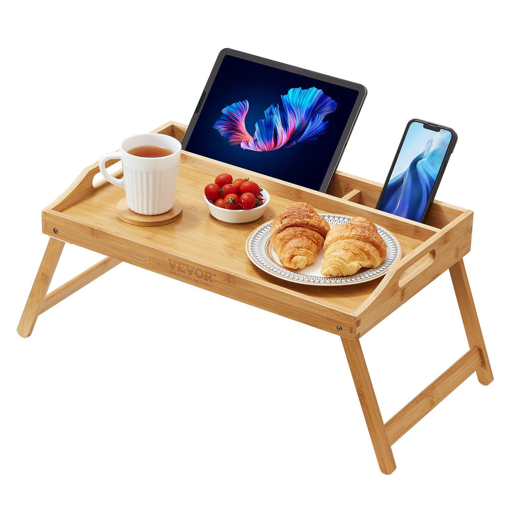 Bed Tray Table with Foldable Legs & Media Slot, Bamboo Breakfast Tray for Sofa, Bed, Eating, Snacking, and Working, Serving Laptop Desk Tray TV Tray, Portable Food Snack Platter, 19.7" x 11.8"