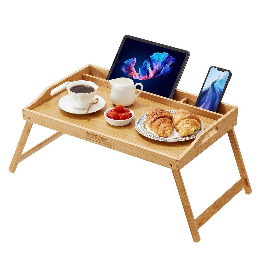 Bed Tray Table with Foldable Legs & Media Slot, Bamboo Breakfast Tray for Sofa, Bed, Eating, Snacking, and Working, Serving Laptop Desk Tray TV Tray, Portable Food Snack Platter, 21.6" x 13.8"