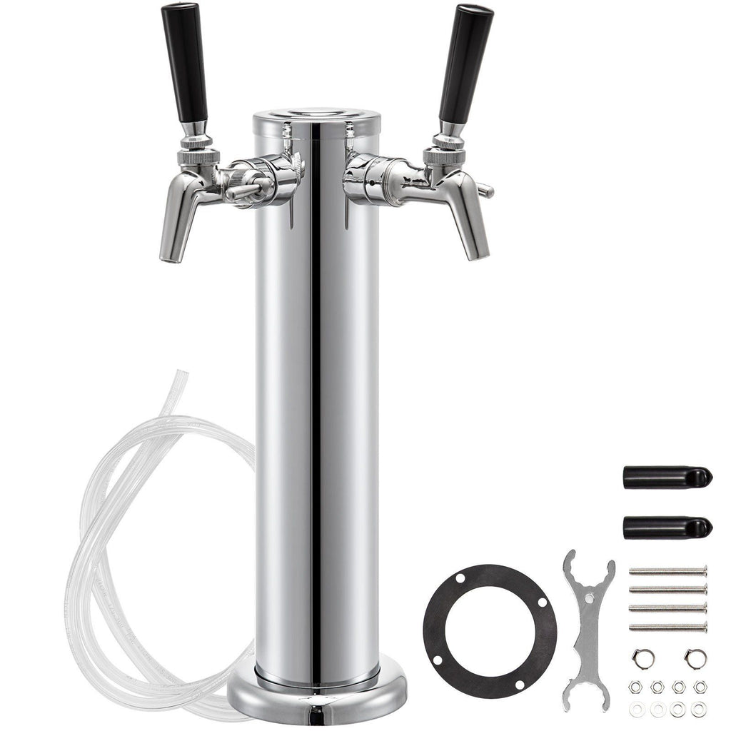 Beer Tower, Double Adjustable Brass Faucet Kegerator Tower, Stainless Steel Draft Beer Tower, 3" Diameter Column Beer Dispenser Tower, Beer Tower Kit with Wrench, Black Handle for Home & Bar