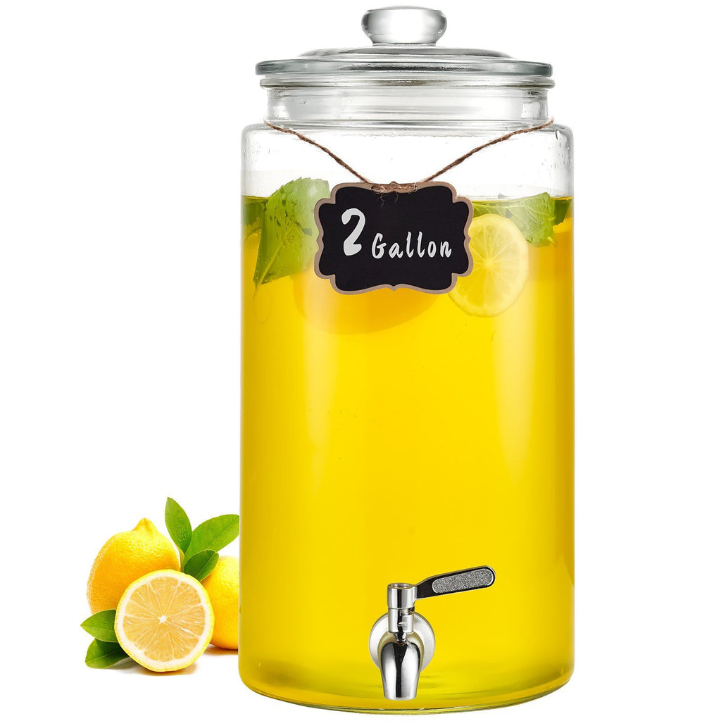 Beverage Dispenser, 2 Gallon Drink Dispensers for Parties, Glass Juice Dispenser with Stainless Steel Spigot, Iced Tea Lemonade Juice Water Dispenser, for Restaurants, Hotels, Parties