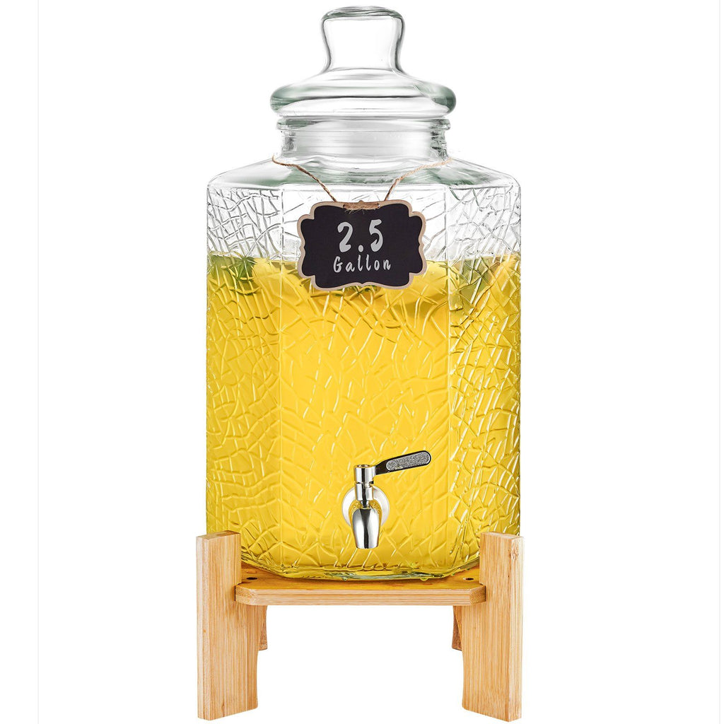 Beverage Dispenser, 2.5 Gallon Drink Dispensers for Parties, Glass Juice Dispenser with Stand, Stainless Steel Spigot, Iced Tea Lemonade Juice Water Dispenser, for Restaurants, Hotels, Parties