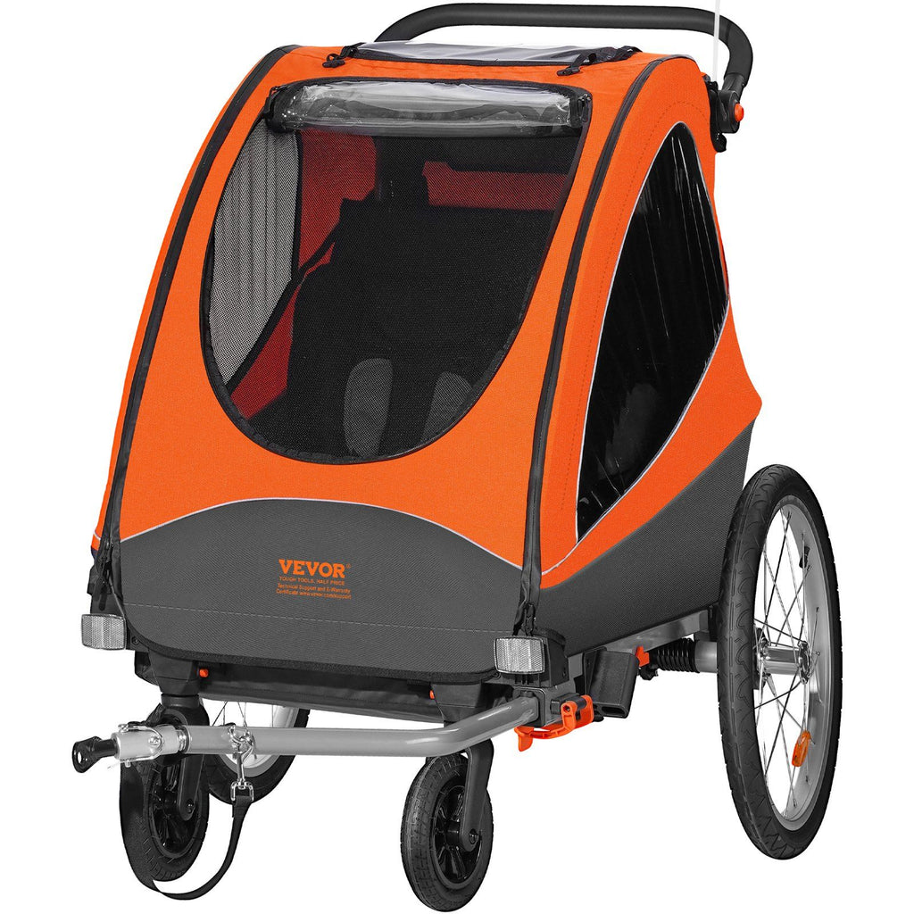 Bike Trailer for Toddlers, Kids, Double Seat, 110 lbs Load, 2-In-1 Canopy Carrier Converts to Stroller, Tow Behind Foldable Child Bicycle Trailer with Universal Bicycle Coupler, Orange and Gray