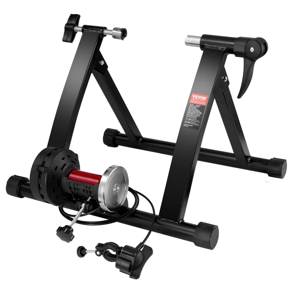 Bike Trainer Stand, Magnetic Stationary Bike Stand for 26"-29" Wheels, 6 Resistance Settings, Noise Reduction Flywheel Motor, for Indoor Riding Exercise, Quick-Release Lever & Front Wheel Riser