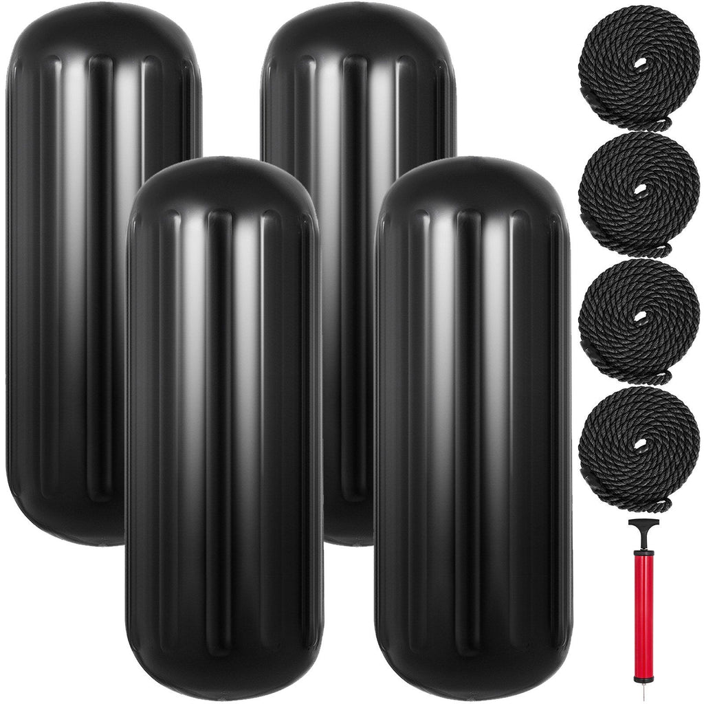 Boat Fenders 10 x 28 inches, Vinyl Boat Fender Pack of 4, Ribbed Twin Eyes Boat Bumpers Black and Pump to Inflate