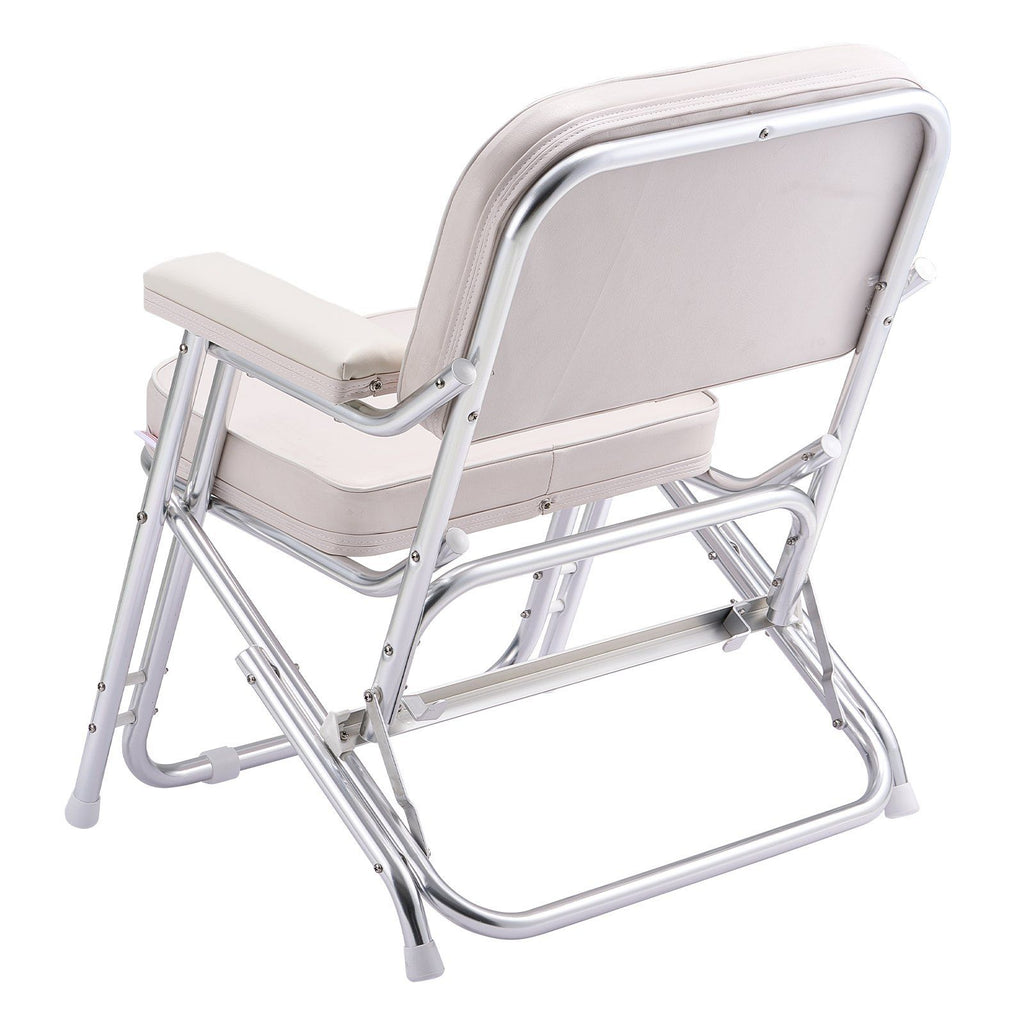 Boat Seat, Folding Deck Chair Boat Seat with Aluminum Alloy Frame, Thickened Sponge Cushion & Waterproof PVC Leather, Padded Armrests & Non-slip Foot Pads, for Boats, Yachts, Ships, White