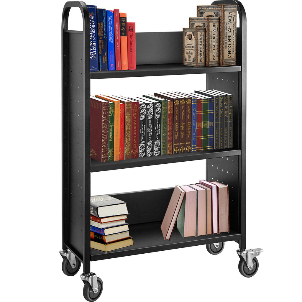 Book Cart, 200lbs Library Cart, 30x14x49 Inch Rolling Book Cart Single Sided L-Shaped Flat Shelves with 4 Inch Lockable Wheels for Home Shelves Office and School Book Truck in Black