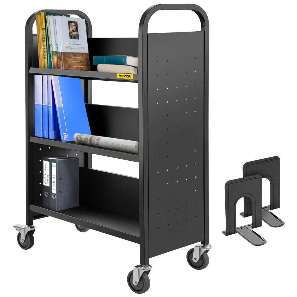 Book Cart, 200LBS Library Cart, Single Sided V-Shaped 30x14x49 Inch Rolling Book Cart, Sloped Shelves with 4 Inch Lockable Wheels for Home Shelves Office and School Book Truck in Black