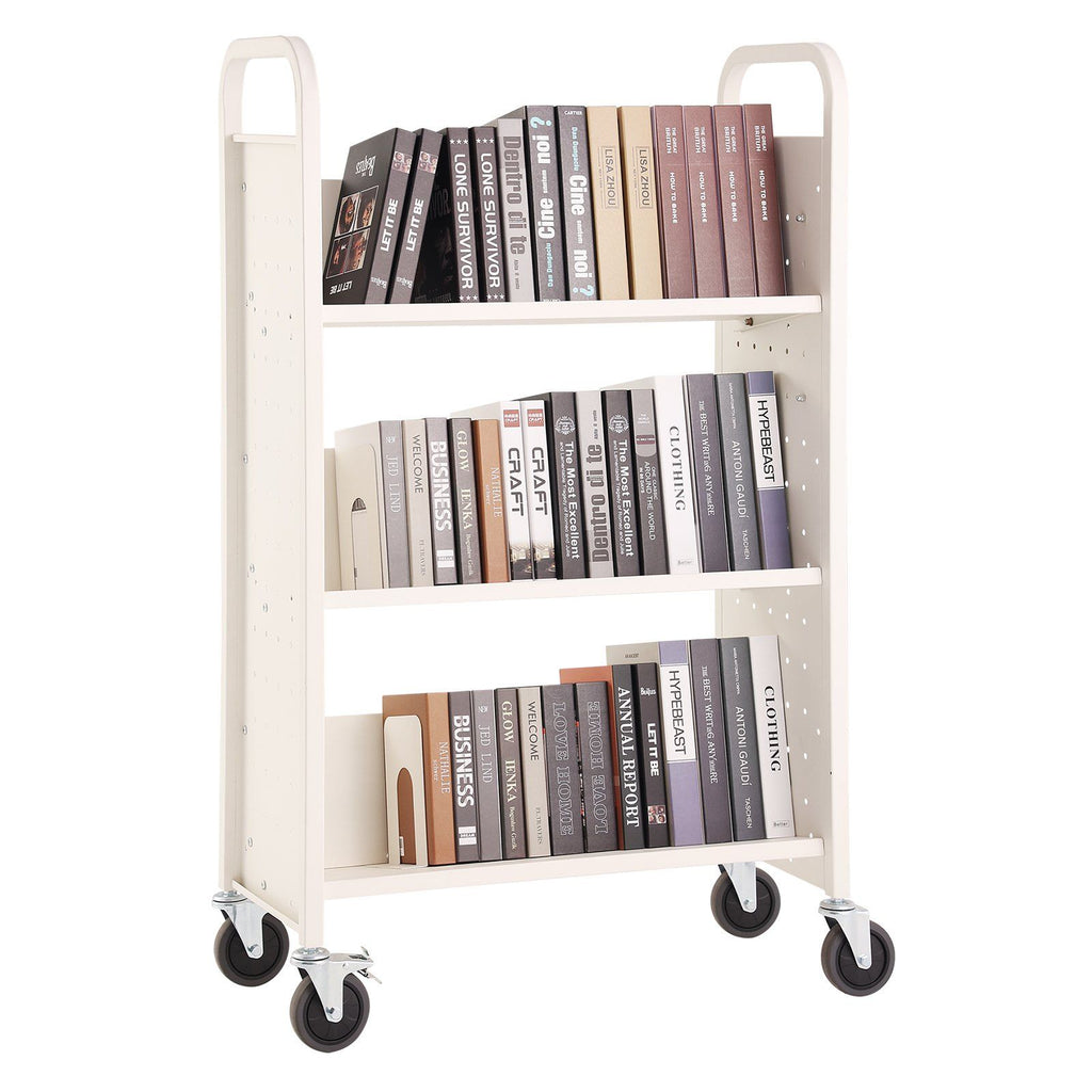 Book Cart, 330 lbs Library Cart, 31.1" x 15.2" x 49.2" Rolling Book Cart, Single Sided V-Shaped Sloped Shelves with 4-Inch Lockable Wheels for Home Shelves Office and School, Book Truck in White