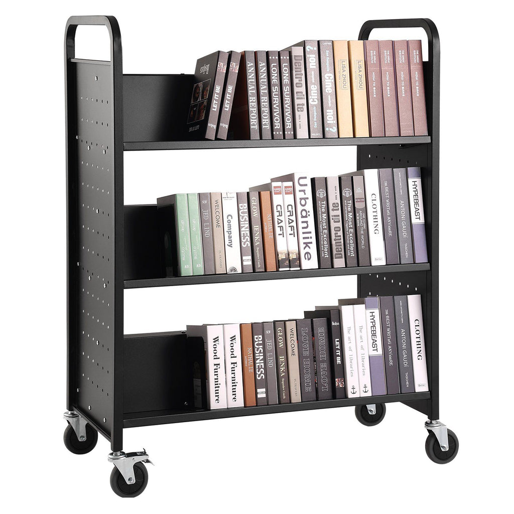 Book Cart, 330 lbs Library Cart, 39.4" x 20.1" x 49.2" Rolling Book Cart, Double Sided W-Shaped Sloped Shelves with 4-Inch Lockable Wheels for Home Shelves Office School, Book Truck in Black