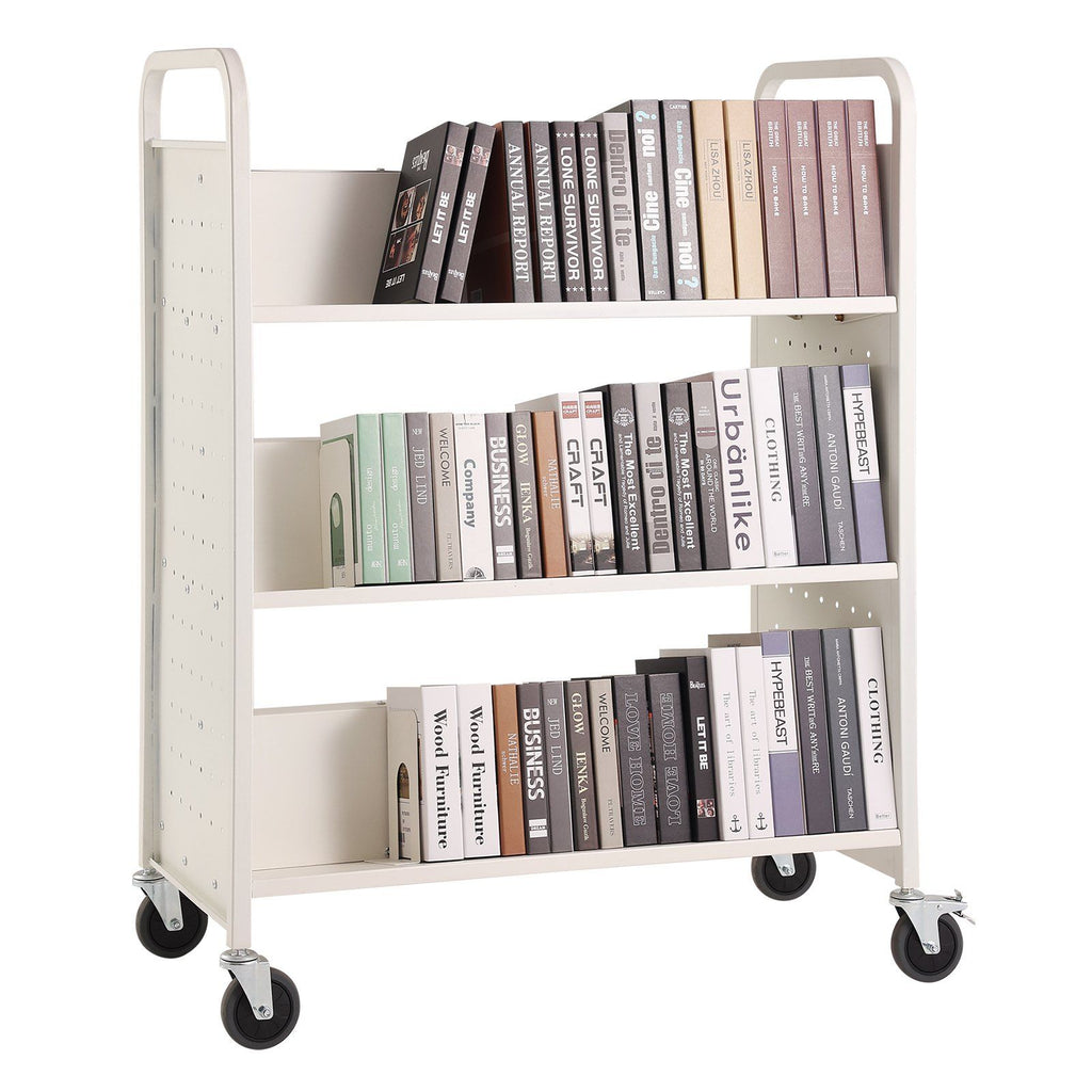 Book Cart, 330 lbs Library Cart, 39.4" x 20.1" x 49.2" Rolling Book Cart, Double Sided W-Shaped Sloped Shelves with 4-Inch Lockable Wheels for Home Shelves Office School, Book Truck in White