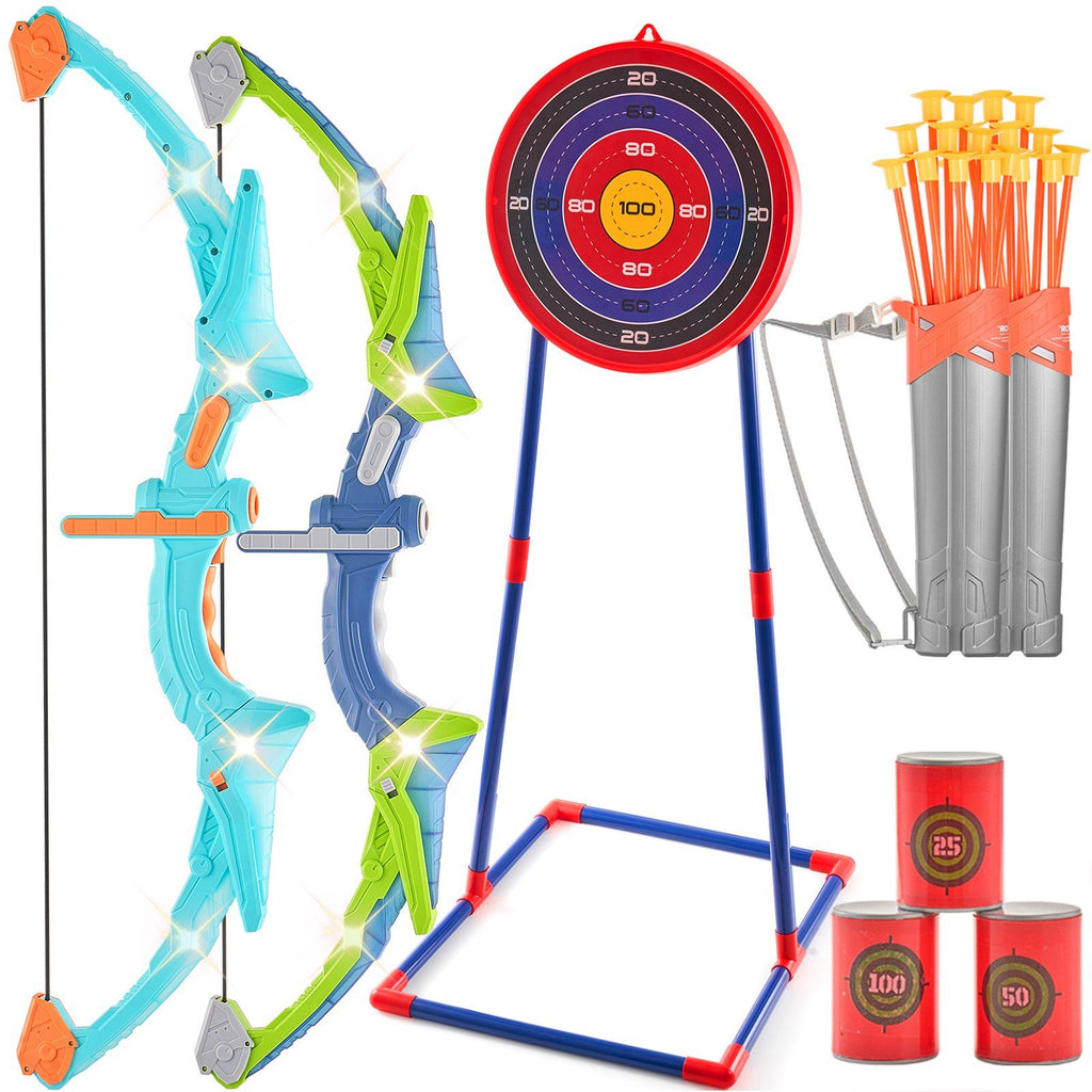Bow and Arrow Set for Kids, 2 Pack LED Light Up Archery Set with 20 Suction Cup Arrows, Standing Target, 2 Quivers, 3 Target Cans, Outdoor Toy Birthday Gift for Boys & Girls 6 7 8 9 10+ Year Old