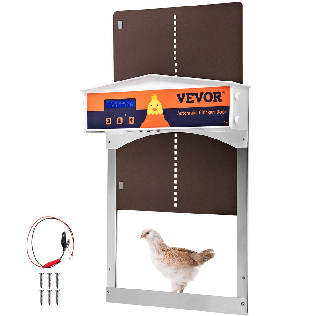 Brown Automatic Chicken Coop Door, Auto Close, Gear Lifter Galvanized Poultry Gate with Evening and Morning Delayed Opening Timer & Light Sensor, Battery Powered LCD Screen, for Duck
