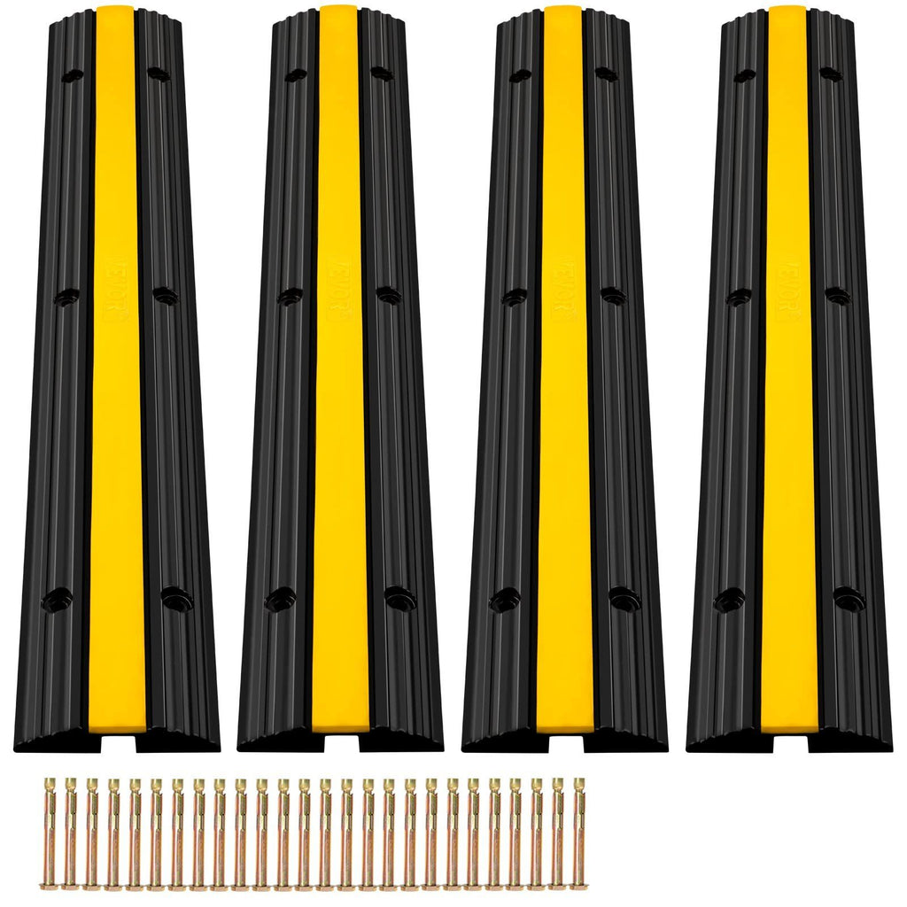 Cable Protector Ramp, 4 Packs 1 Channel Speed Bump Hump, Heavy Duty Rubber Modular Rated 18000 LBS Load Capacity Protective Wire Cord Driveway Traffic, Black