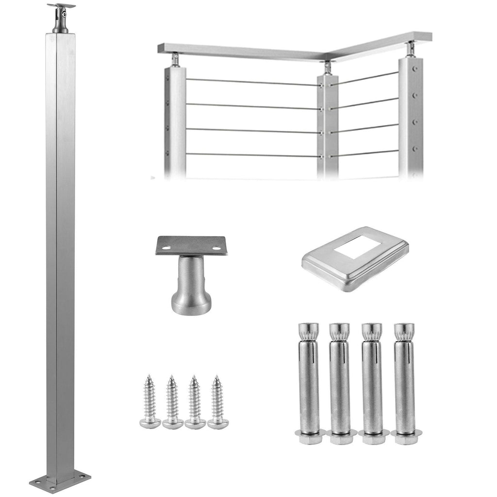 Cable Railing Post Level Deck Stair Post 36 x 1.97 x 1.97" Cable Handrail Post Stainless Steel Wire Drawing Deck Railing DIY Picket Without Hole Stair Railing Kit with Mount Bracket Silver