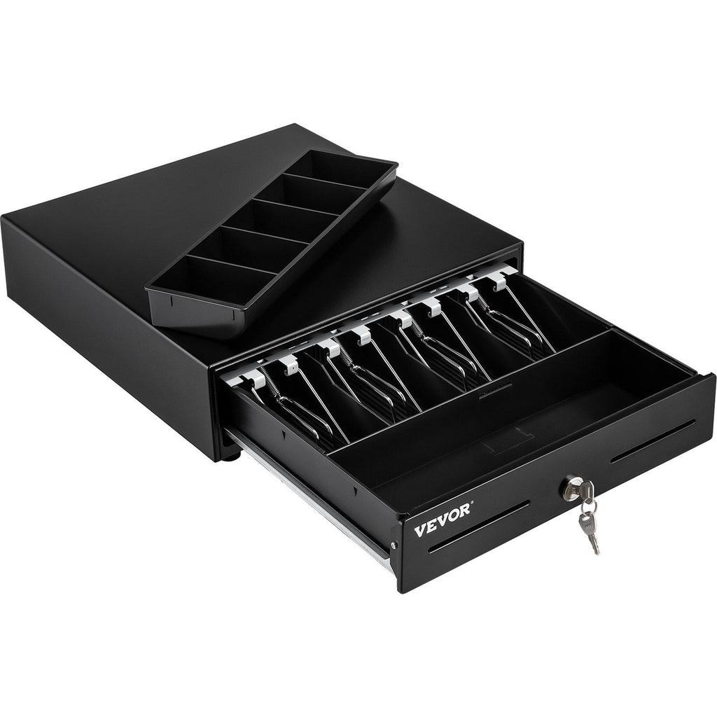 Cash Register Drawer, 13" 2 Unlocking Ways, Fully Removable Design with 4 Bill 5 Coin Cash Tray, 2 Keys Included, Compact Size Cash Registers for Supermarket, Bar, Coffee Shop, Restaurant