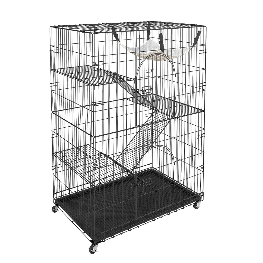 Catio, 4-Tier Large Cat Cages Indoor, Detachable Metal Playpen Enclosure with 360° Rotating Casters, with 3 Ladders and a Hammock for 1-3 Cats, 35.4x23.6x51 inch