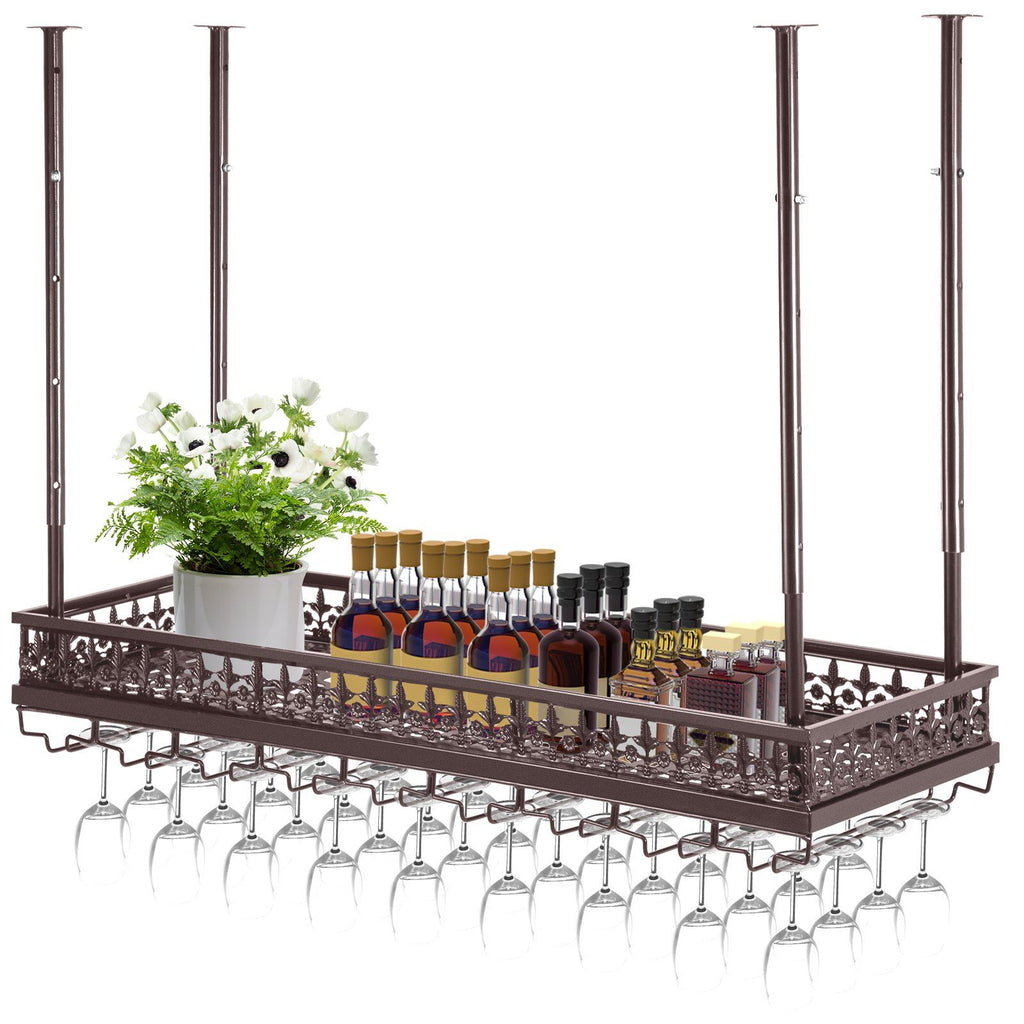 Ceiling Wine Glass Rack, 35.8 x 13 inch Hanging Wine Glass Rack, 18.9-35.8 inch Height Adjustable Hanging Wine Rack Cabinet, Coppery Wall-Mounted Wine Glass Rack Perfect for Bar Cafe Kitchen