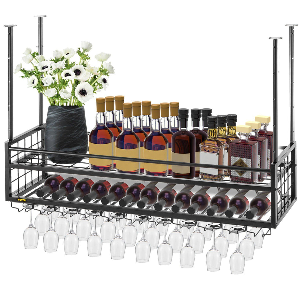 Ceiling Wine Glass Rack, 46.9 x 11.8 inch Hanging Wine Glass Rack, 18.9-35.8 inch Height Adjustable Hanging Wine Rack Cabinet, Black Wall-Mounted Wine Glass Rack Perfect for Bar Cafe Kitchen