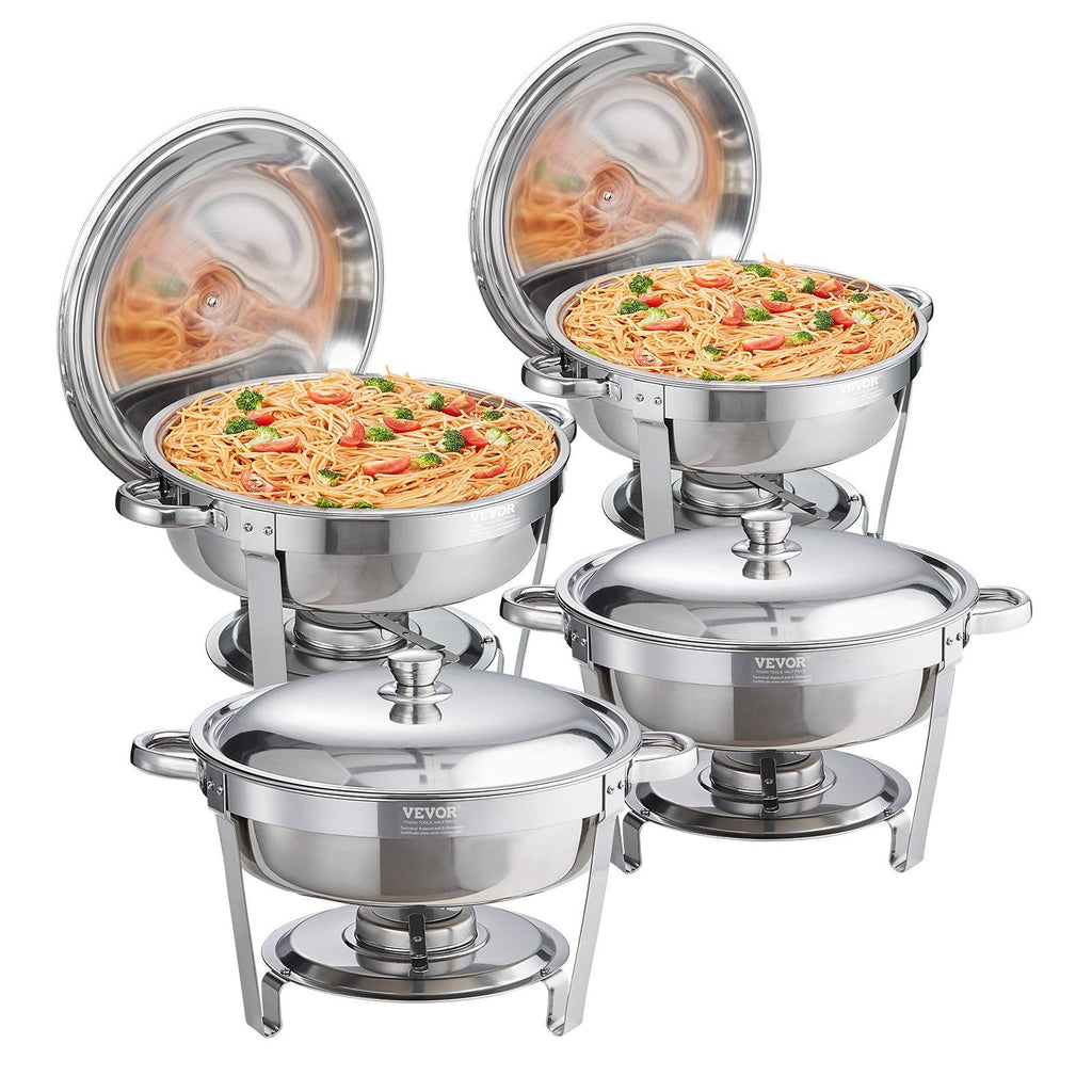 Chafing Dish Buffet Set, 6 Qt 4 Pack, Stainless Steel Chafer with Full Size Pan, Round Catering Warmer Server with Lid Water Pan Stand Fuel Holder Cover Holder Spoon, for at Least 6 People Each