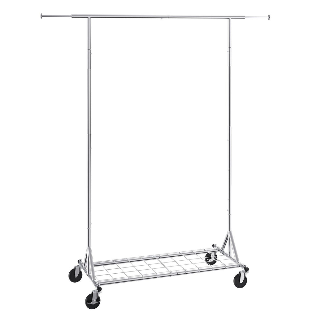 Clothes Rack with Wheels, Heavy Duty Clothing Garment Rack, Commercial Clothing Rack for Hanging Clothes with Bottom Storage Area, 450 lbs Load Capacity, Adjustable Height and Extendable Length