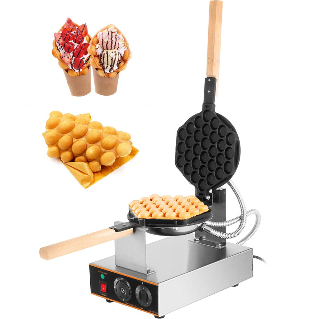 Commercial Bubble Waffle Maker; 1400W Egg Bubble Puff Iron w/ 180° Rotatable 2 Pans & Wooden Handles