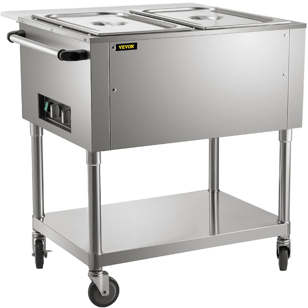 Commercial Electric Food Warmer, 2-Pot Steam Table Food Warmer 0-100°C w/ 2 Lockable Wheels, Professional Stainless Steel Material with ETL Certification for Catering and Restaurants