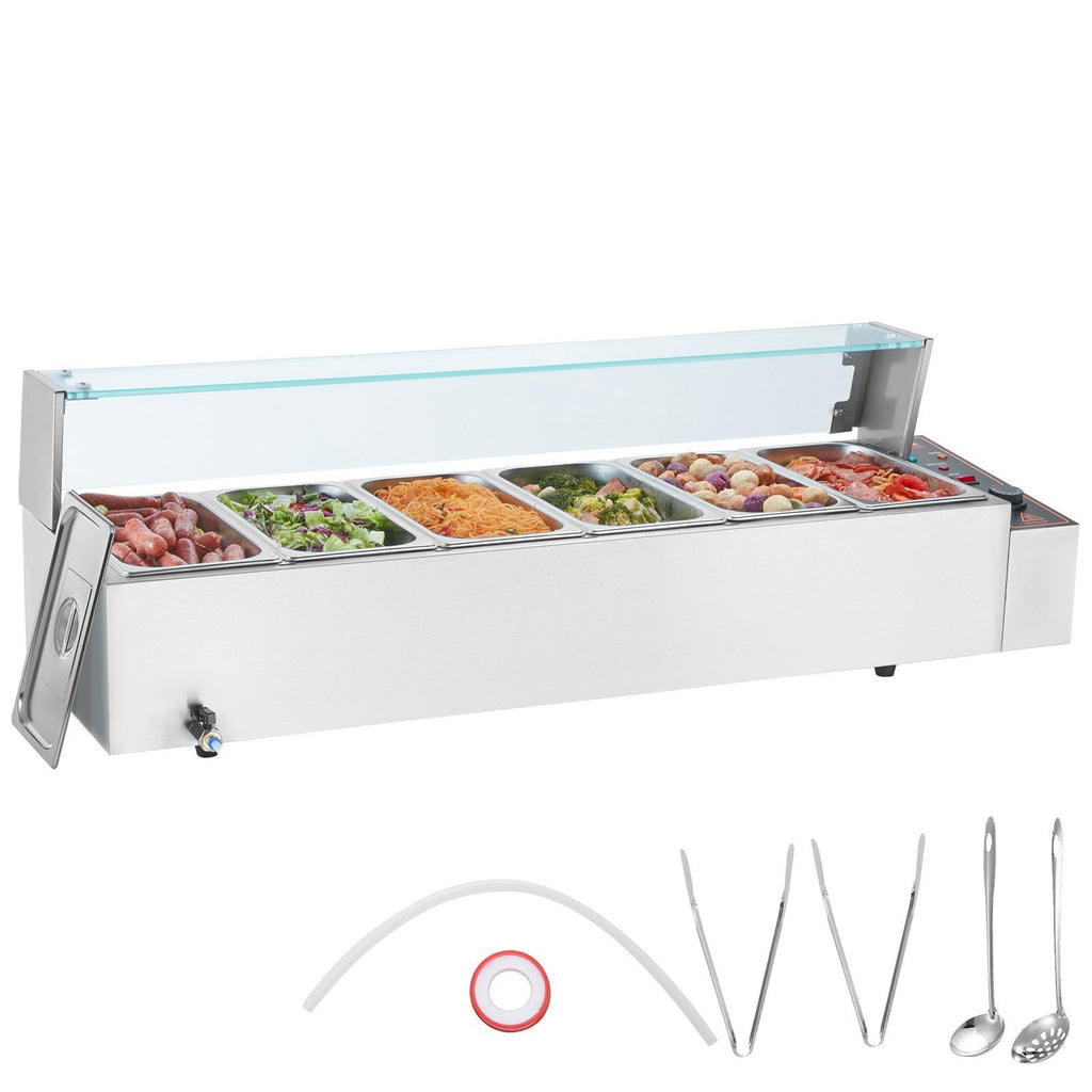 Commercial Electric Food Warmer Countertop Buffet 6*5Qt with Glass Shield