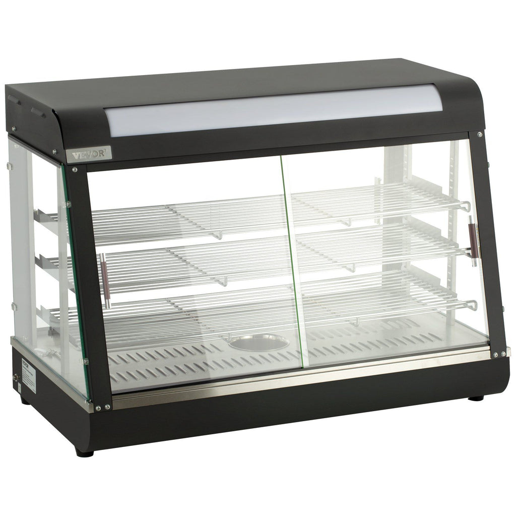 Commercial Food Warmer Display, 3 Tiers, 1800W Pizza Warmer w/ 3D Heating 3-Color Lighting Bottom Fan, Countertop Pastry Warmer w/Temp Knob Display 0.6L Water Tray, Stainless Frame Glass Doors