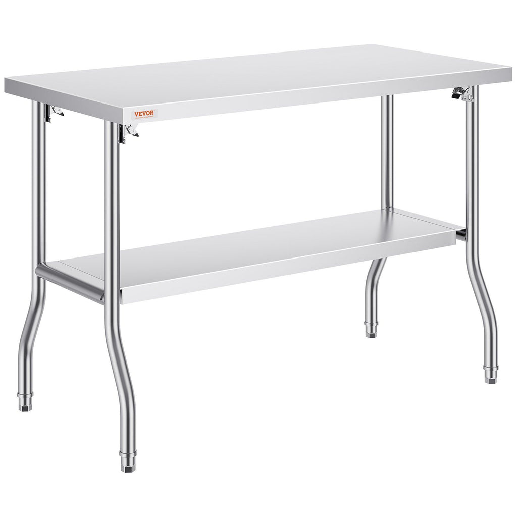 Commercial Worktable Workstation 48 x 24 Inch Folding Commercial Prep Table, Heavy-duty Stainless Steel Folding Table with 300 lbs Load, Kitchen Work Table, Silver Stainless Steel Kitchen Island