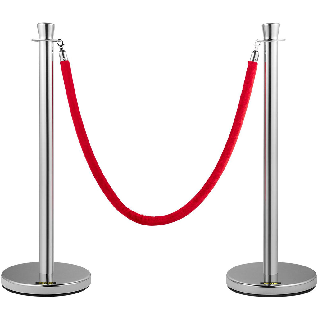 Crowd Control Stanchion, Set of 2 Pieces Stanchion Set, Stanchion Set with 5 ft/1.5 m Red Velvet Rope, Silver Crowd Control Barrier w/Sturdy Concrete and Metal Base - Easy Connect Assembly
